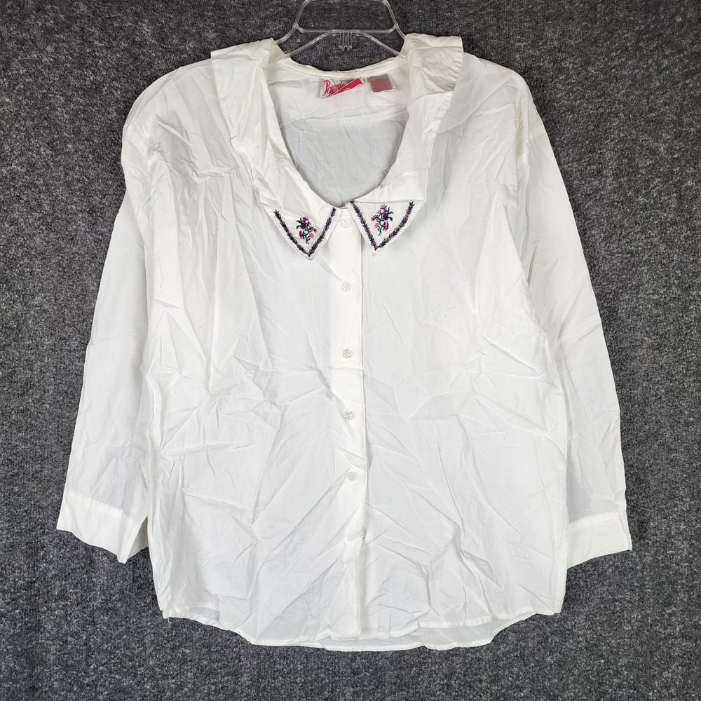 Pennylane Button-Down Top Womens L Embroidered Floral Collar White Long Sleeve